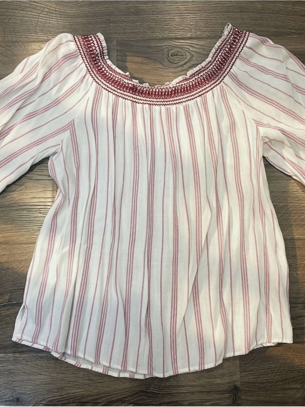 Women's Off-Shoulder Striped Peasant Top - White with Dusty Pink